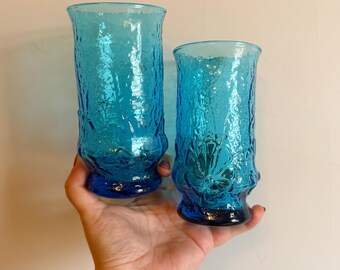 Vintage set of two Anchor Hocking Rainflower laser blue 16 oz drinking glasses
