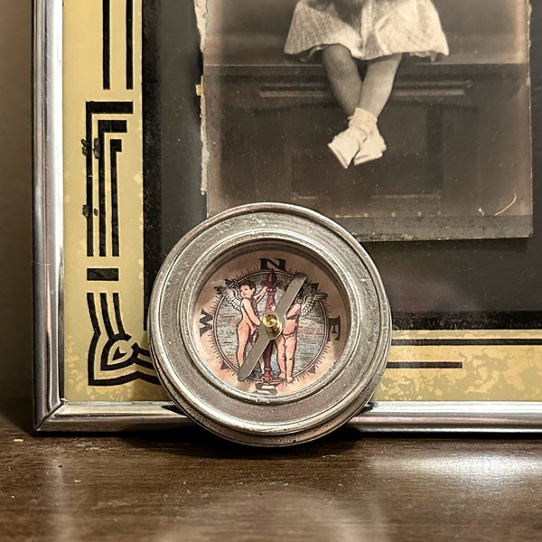 Beautiful Italian Match Pewter and glass handcrafted compass with cherubs design inside marked and signed