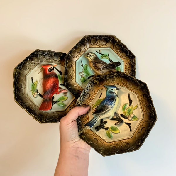 Three fabulous vintage bird Norcrest bisque porcelain wall decor plates with 3D birds black and gold sparrow cardinal bluejay