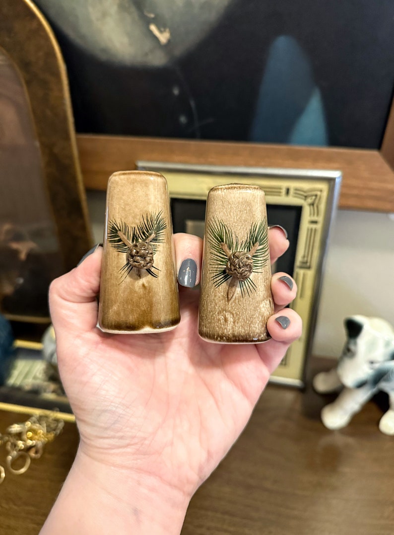 May include: A pair of ceramic salt and pepper shakers with a brown and green pine cone design.