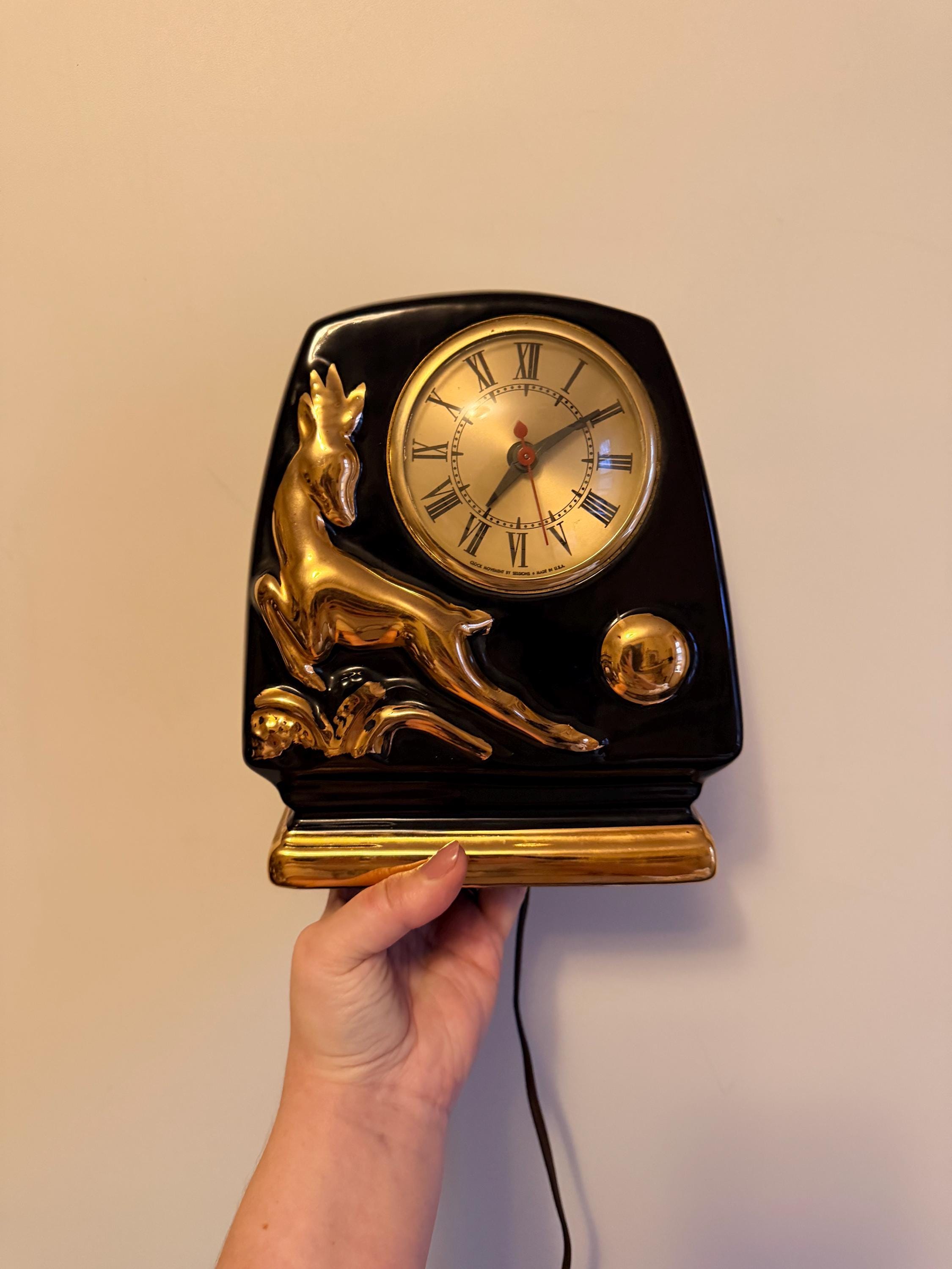 Vintage Midcentury Sessions Mantel Clock in Black and Gold With