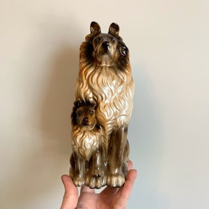 Vintage Midcentury ceramic lusterware large Collie dog and puppy figurine brown and white decor