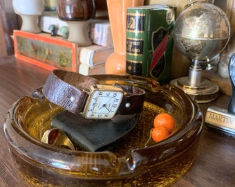 Vintage Midcentury heavy amber glass ashtray catchall trinket dish tray with textured bottom