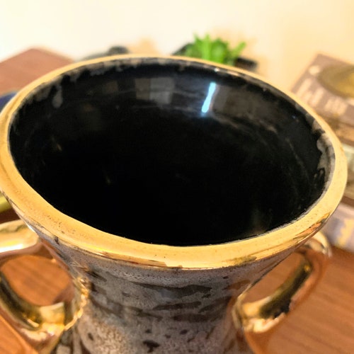 Vintage midcentury Shafer 23k gold and black buy vase great gift