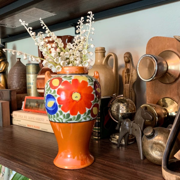 Antique vintage Japanese porcelain hand painted orange Lustreware urn shaped vase flowers floral