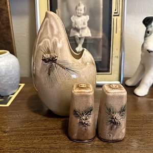 May include: A set of two ceramic salt and pepper shakers with a brown and beige glaze. The shakers feature a pine cone and pine needles design.
