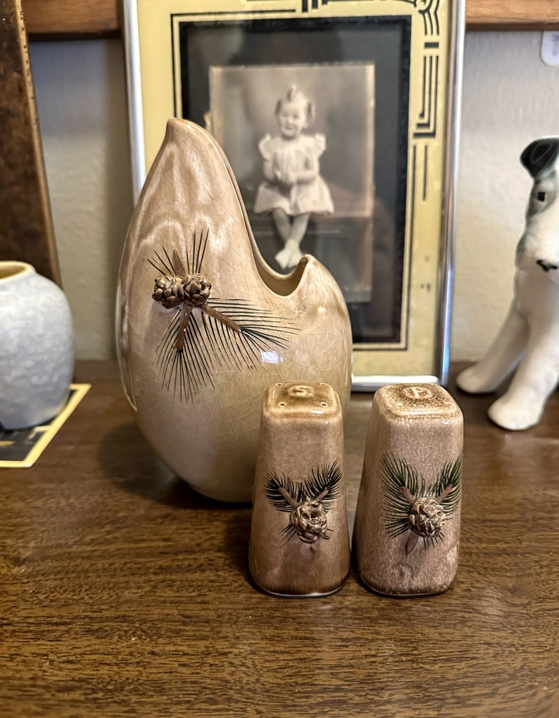 May include: A set of two ceramic salt and pepper shakers with a brown and beige glaze. The shakers feature a pine cone and pine needles design.