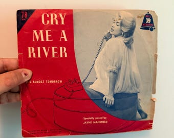 Vintage very rare 1955 original 45 vinyl record Jayne Mansfield picture sleeve Cry Me a River and It’s Almost Tomorrow