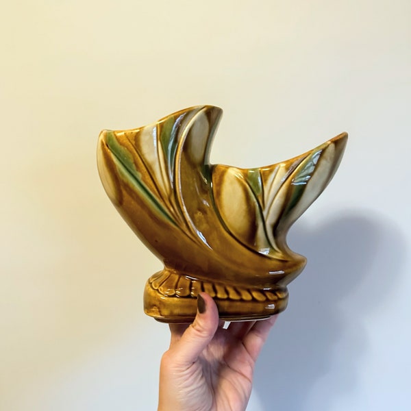 Vintage mid century Maurice of California ceramic double horn planter vase yellow and green drippy glaze