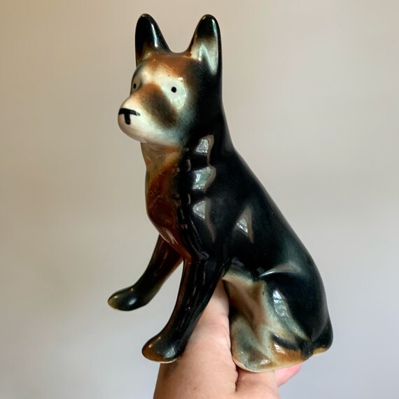 Vintage Midcentury Ceramic Dog Figurine Statue Black and Brown