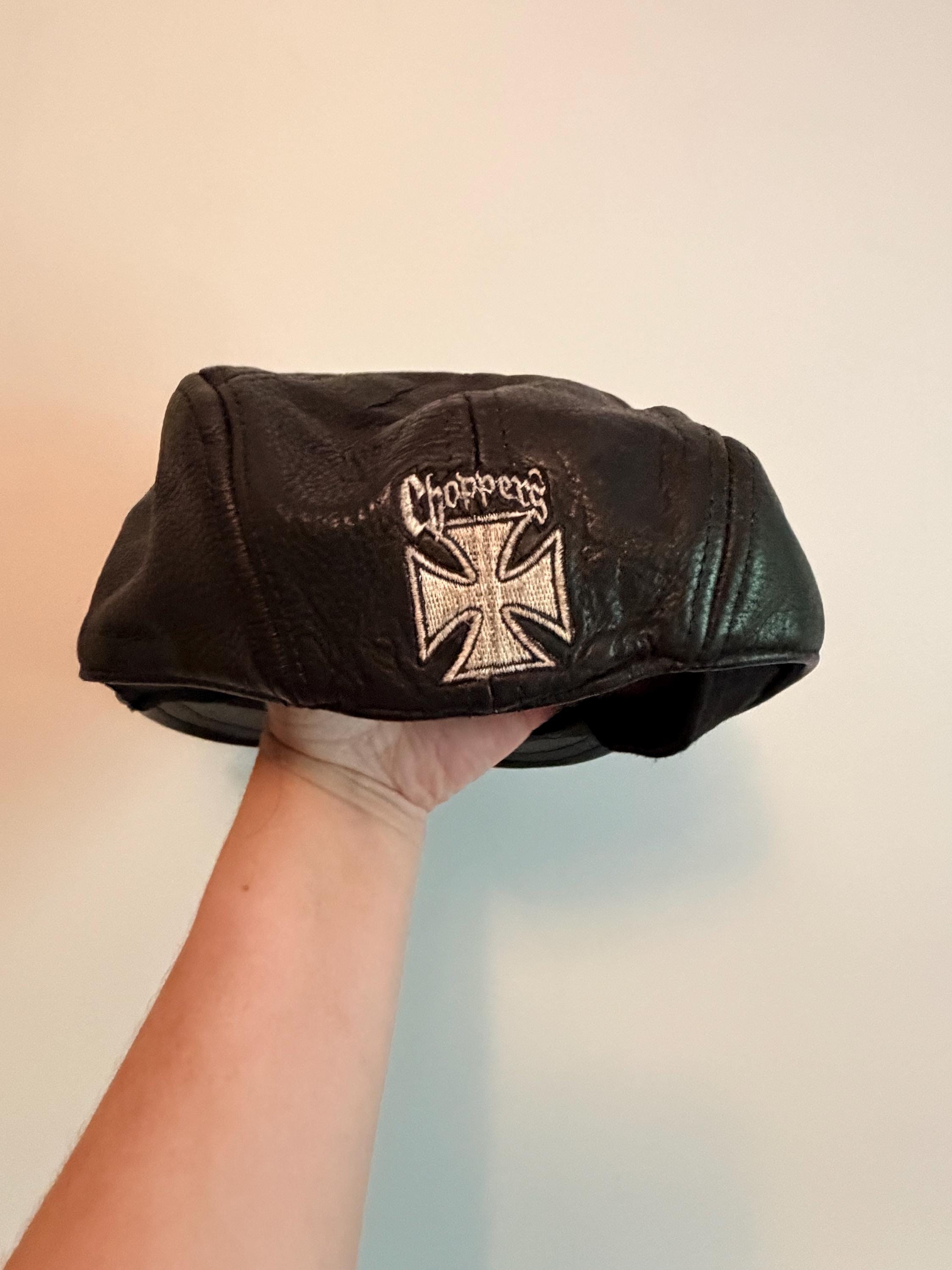 Vintage Harley Davidson Choppers Black Leather Newsboy Style Cap