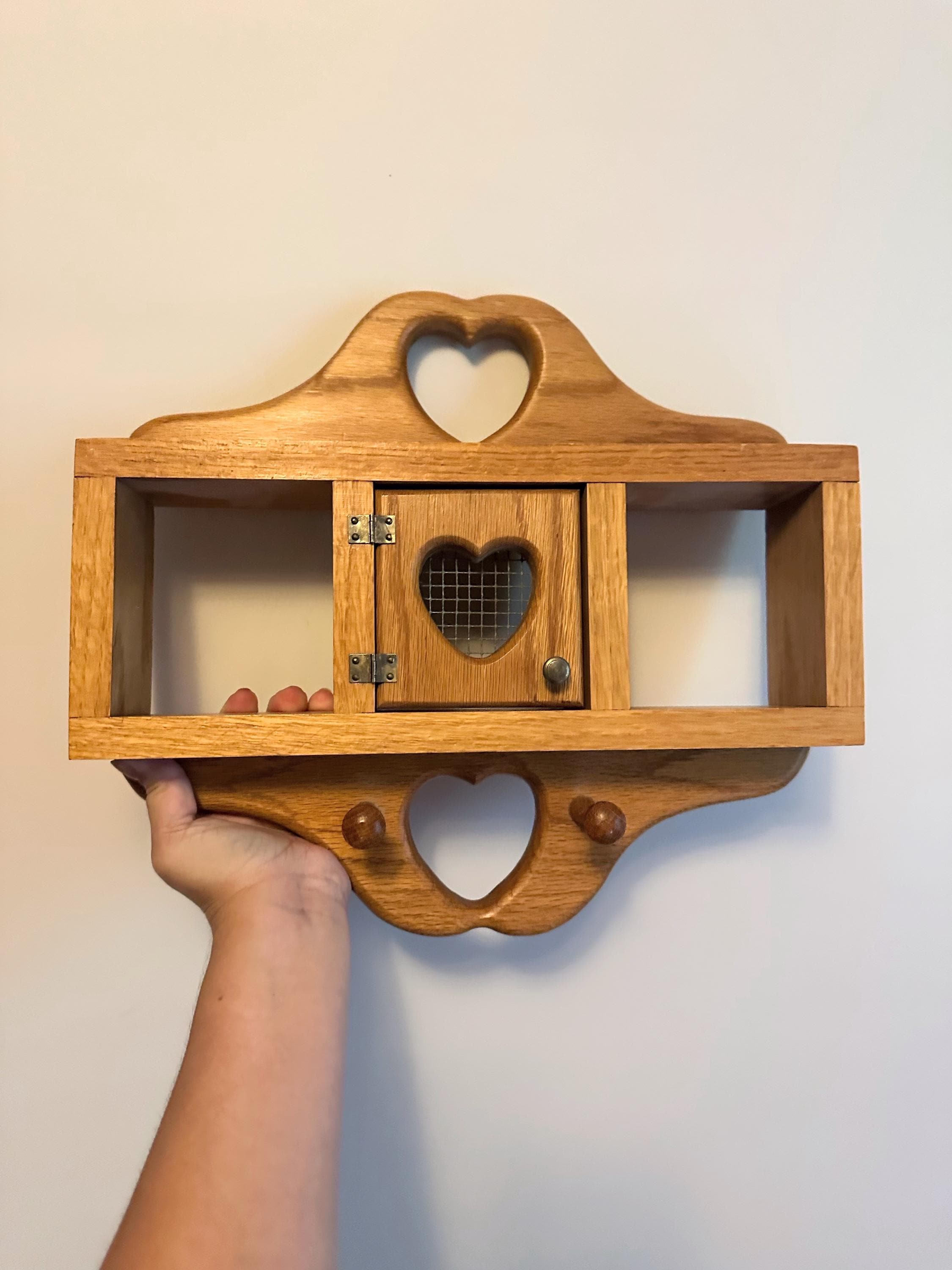 Vintage Wood Oak Wall Shelf With Heart Cutouts and a Little Door
