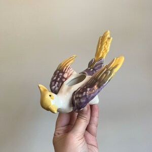 Vintage ceramic pottery bird planter vase in white purple and yellow