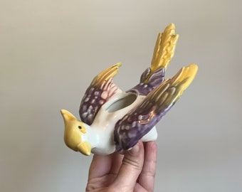 Vintage ceramic pottery bird planter vase in white purple and yellow