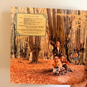 May include: Vintage vinyl record album cover for Emerson, Lake & Palmer's "Trilogy." The cover art features a forest scene with the band members. The album title and track list are visible on the cover. The overall color palette is warm, with shades of brown and orange.