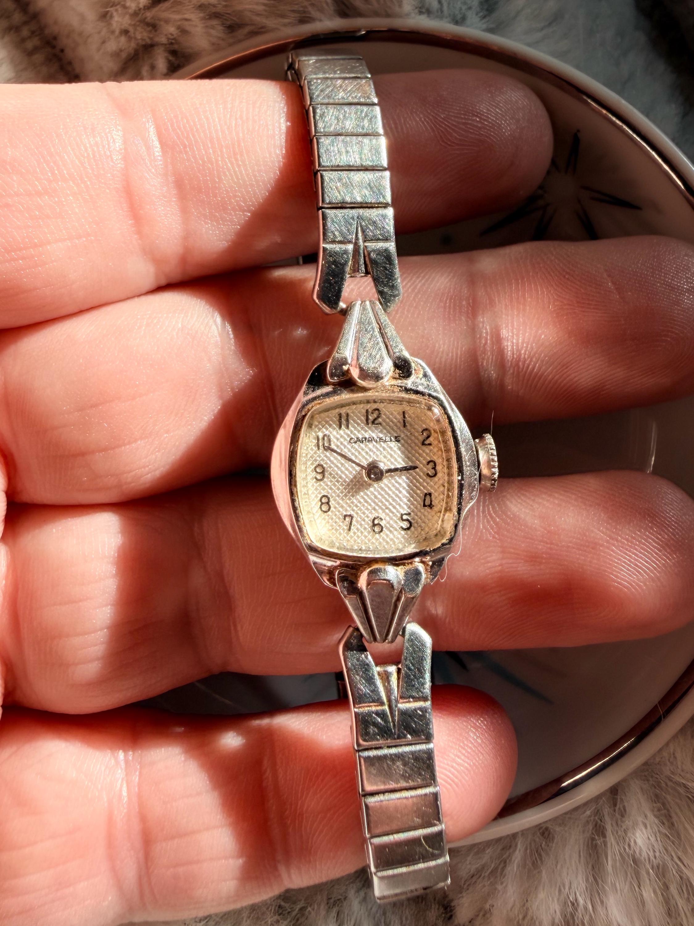 Caravelle Ladies Watch Vintage White Gold Filled Stretch Bracelet Mechanical 1971 Caravelle by Bulova Ladies White Gold Plated Marquise  main image 3
