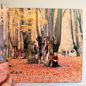 May include: An album cover featuring a group of people in a forest setting. The ground is covered in fallen leaves, and the trees have golden-yellow foliage. Several people are standing and sitting among the trees.