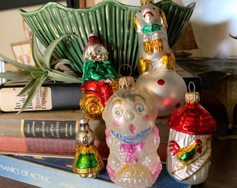 Vintage Midcentury Christmas tree mercury glass ornaments lot of five/ baby/ circus dog/ Santa/ rooster