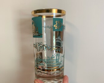 Vintage Midcentury mcm water drinking tall tumbler glass South Carolina souvenir teal boats gold flowers