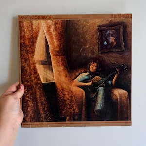 May include: Vintage vinyl record album cover for "T.B. Sheets" by Van Morrison. The album art features a seated figure playing a guitar in a dimly lit room with a window and a framed portrait. The cover has a brown border.