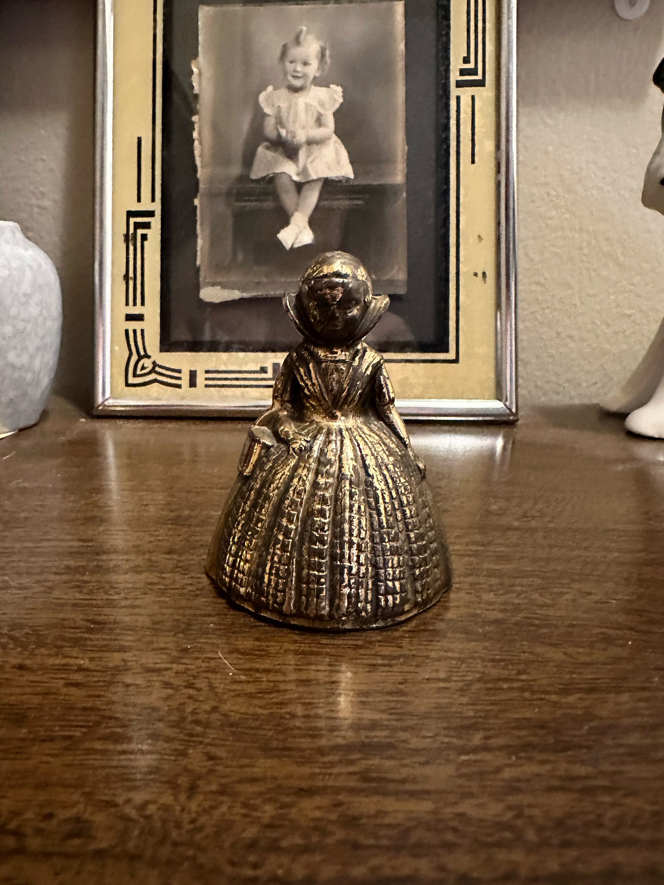 Unbranded, Accents, Vintage Brass Bronze Victorian Lady Bell Champleve  Floral Inlay No Clapper Feet