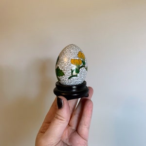 Vintage Cloisonné Egg with Brass Stand: Enamel Flowers & Birds