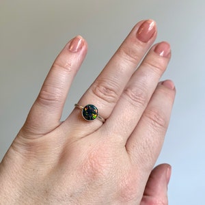 Black fire Opal lab made round stone sterling silver ring size 6.75 8mm stone
