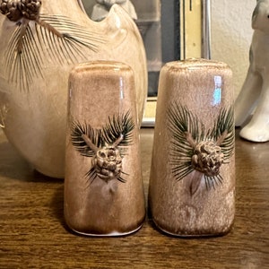 May include: Two brown ceramic salt and pepper shakers with a pine cone and pine needles design.