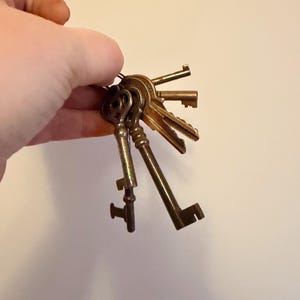 May include: A collection of antique brass keys of varying sizes and designs. The keys are held together on a metal ring. The keys have a vintage aesthetic, with intricate details and a warm, aged patina. The keys are a mix of shapes and sizes.