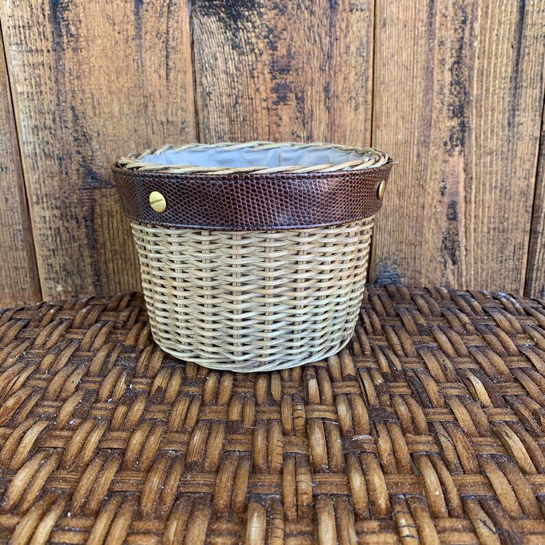 Wicker basket fabric lined with leather band and gold tone Etsy