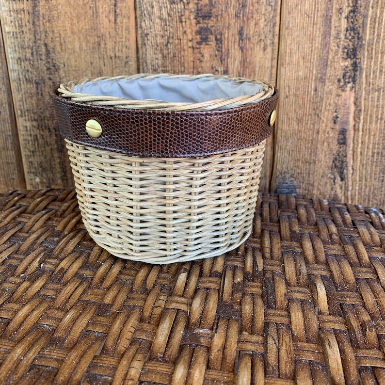 Wicker basket fabric lined with leather band and gold tone Etsy
