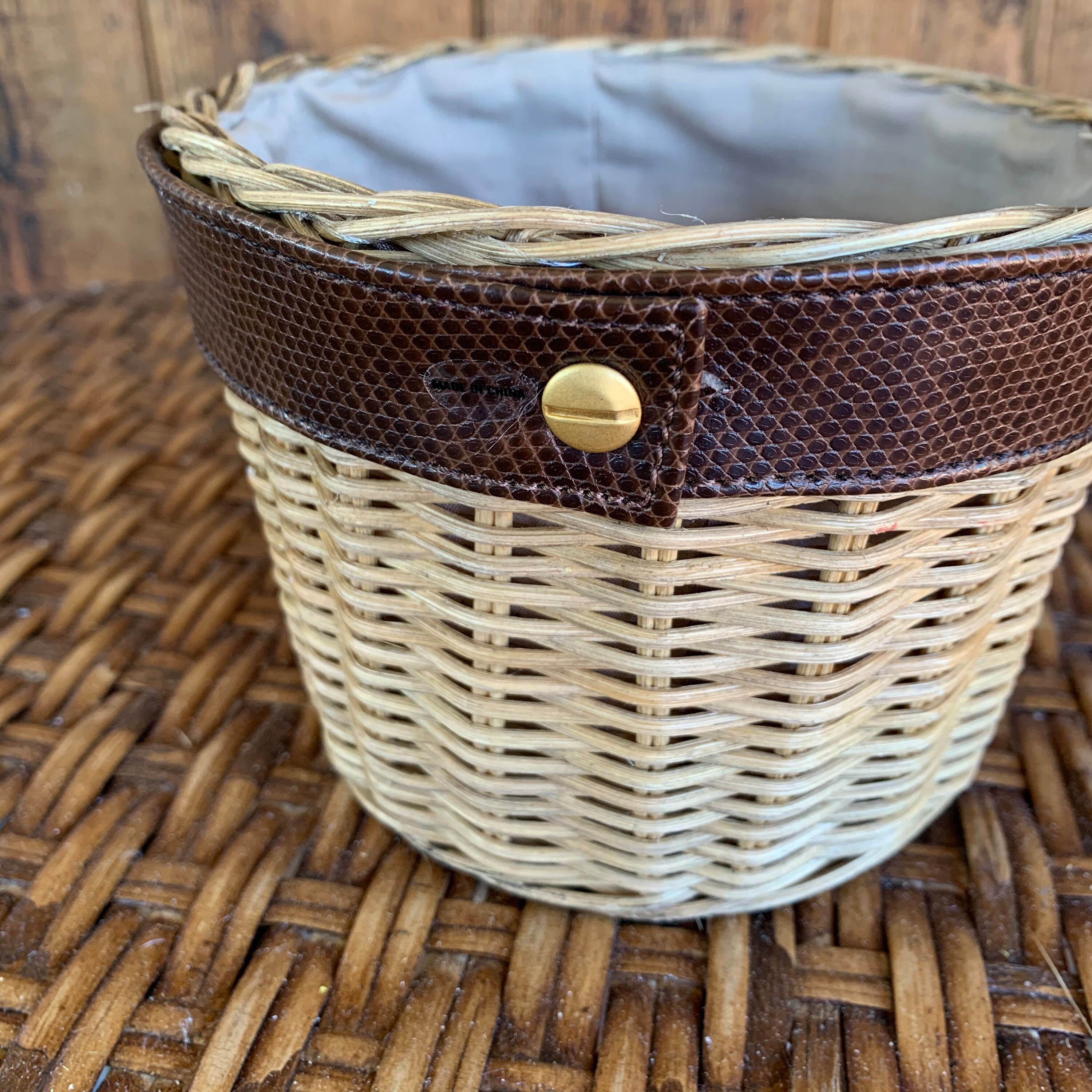 Wicker basket fabric lined with leather band and gold tone Etsy