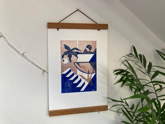 Lino Print // Abstract Geometric Scene Lino Print - Electric Blue & Bronze