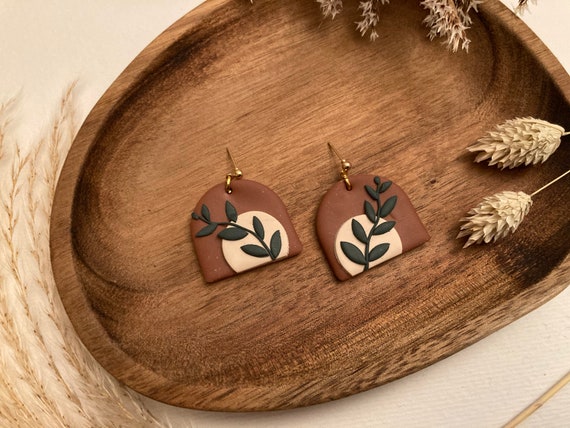 Polymer Clay Earrings — Gold Ball Studs // Geometric Jewellery Design — Terracotta Leaf Design
