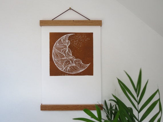 Lino Print // Rust brown abstract moon linocut A4
