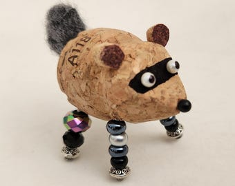 Jimothy the Raccoon Figurine Christmas Ornament, Hand Carved Champagne Cork with beaded legs needle felted tail, Cute Seattle Themed Gift