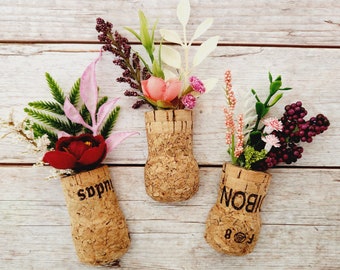 Cute Flower Fridge Magnets, Set of 3 Champagne Corks with Artificial Floral Plants, Small Rustic Wedding Favors, Locker or Cubicle Decor