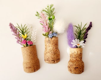 Cute Spring Flower Fridge Magnets, Set of 3 Champagne Corks with Faux Plants, Colorful Cubicle Locker Decor, Unique Wine Cellar Fridge Decor