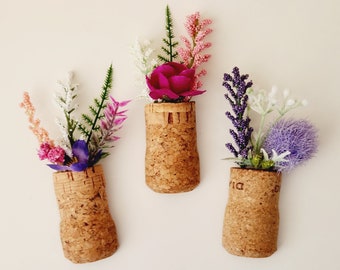 Spring Flower Fridge Magnets, Set of 3 Champagne Corks, Fun Artificial Flower Plant Decor, Cute Gift for Plant Lover, Teacher Thank You Gift