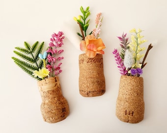 Cute Spring Flower Fridge Magnets, Set of 3 Champagne Corks with Faux Plants, Colorful Cubicle Locker Decor, Unique Wine Cellar Fridge Decor