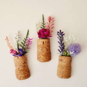 Spring Flower Fridge Magnets, Set of 3 Champagne Corks, Fun Artificial Flower Plant Decor, Cute Gift for Plant Lover, Teacher Thank You Gift