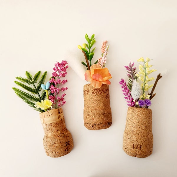 Cute Spring Flower Fridge Magnets, Set of 3 Champagne Corks with Faux Plants, Colorful Cubicle Locker Decor, Unique Wine Cellar Fridge Decor