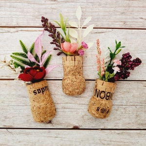 Cute Flower Fridge Magnets, Set of 3 Champagne Corks with Artificial Floral Plants, Small Rustic Wedding Favors, Locker or Cubicle Decor image 1