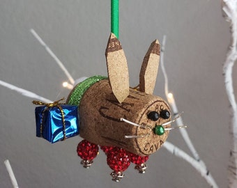 Champagne Cork Bunny Adorno de Navidad, Amante del Conejo, Decoración de Mesa, Regalo Veterinario, Cuidador de Mascotas, Decoración de Mantel, Bandeja tierna, Bosque, Decoración Rústica