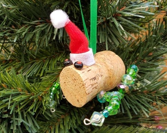 Adorno de Navidad de rana, Lindo regalo para amante de la rana, Adorno de acuario de corcho de champán hecho a mano, Ideas de regalo de rana, Decoración de bandeja de niveles verdes,