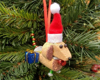 Dachshund Christmas Ornament, Handmade Gift For Dog Owner, Wiener Dog Christmas Tiered Tray, Sausage Dog Gift, Doxie Present, Dog Santa Hat