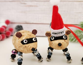 Jimothy the Raccoon Christmas Ornament, Hand Carved Champagne Cork with beaded legs needle felted tail, Cute Seattle Themed Gift