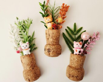 Cute Cat Flower Fridge Magnets, Set of 3 Champagne Corks, Fun Locker Decor, Unique Gift for Cat and Plant Lover, Small Teacher Thank You