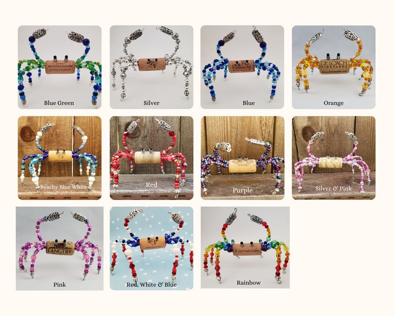 May include: A collection of 12 beaded crab ornaments, each with a different color scheme. The crabs are made with glass beads and have a cork body. The colors include blue green, silver, blue, orange, beachy blue white, red, silver and pink, purple, pink, red, white and blue, and rainbow.