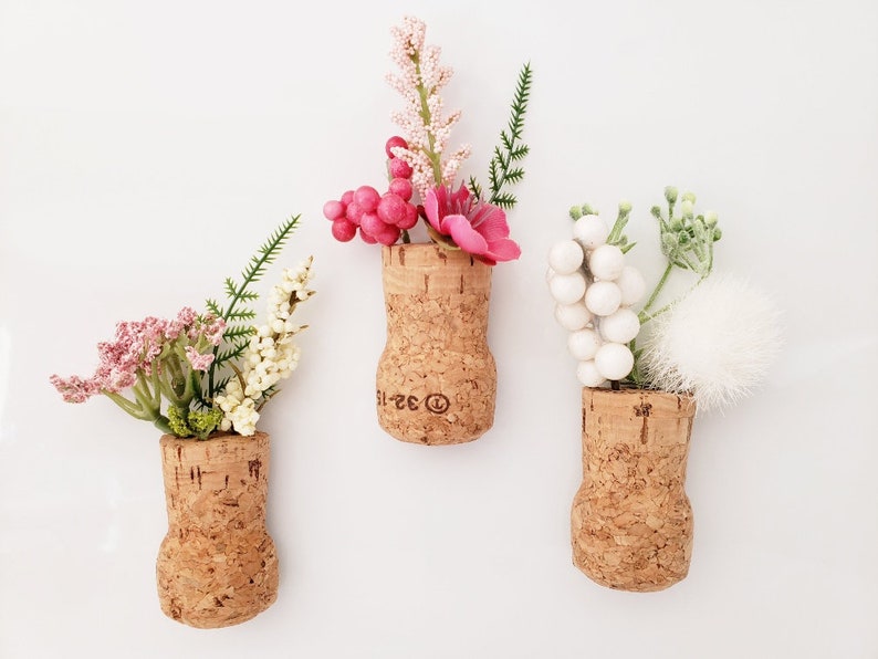 Spring Flower Fridge Magnets, Set of 3 Champagne Corks, Artificial Plant Cubicle Decor, Small Gift for Friend, Unique Wedding Favor Ideas image 7